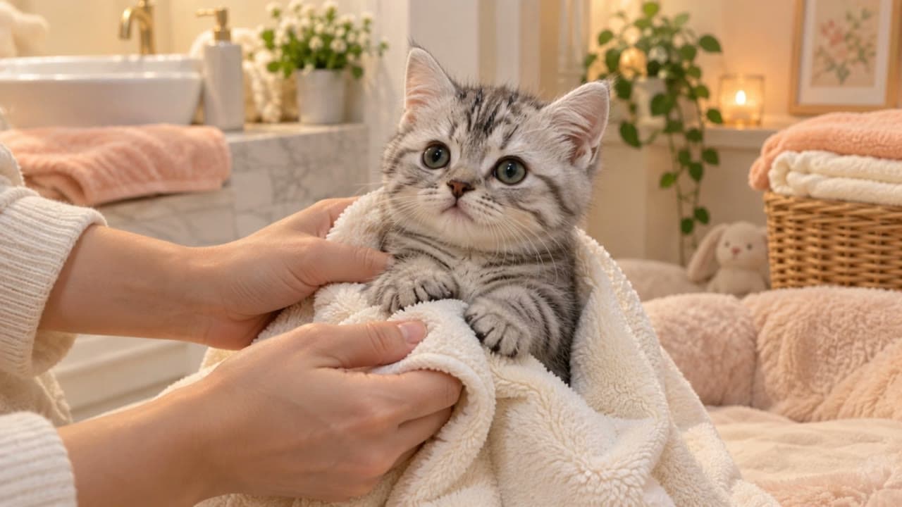 A silver tabby kitten in a soft towel giving a sweet yawn in its owner's hands